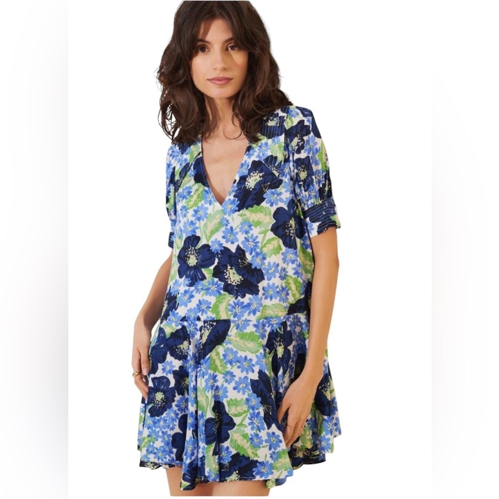 Free People Floral Mini Dress Blue Green Flowy‎ V Neck Size LG Moon Chaser